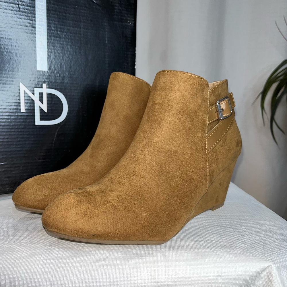 🇺🇸 New Directions Cognac Ankle Boots Wedge Heel Boho Western Womens 7